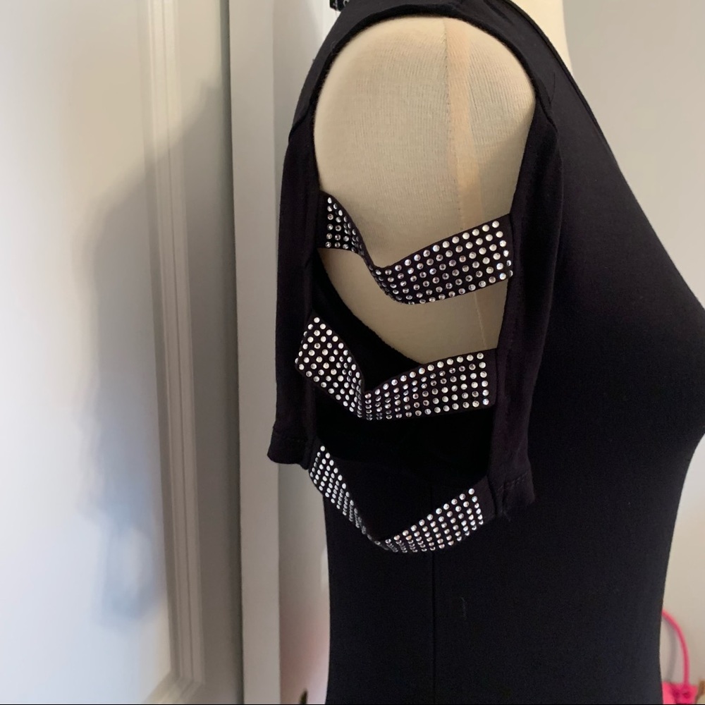Bebe Black Embellished Logo Top: 3 Banded Open Crystal Sleeves - Picture 2 of 4